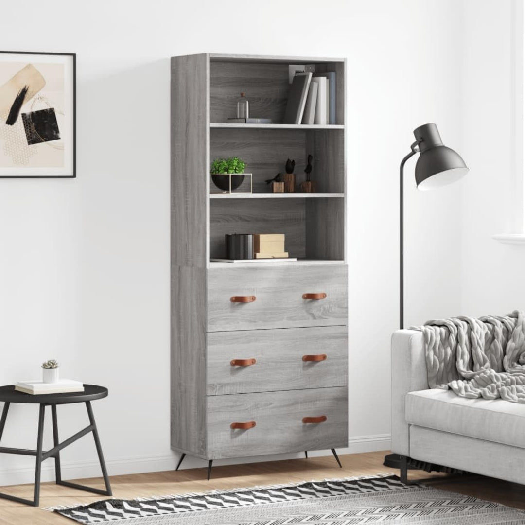 Die Gestaltung von dem Hochschrank wird durch Holzwerkstoff und Metall gepraegt in Eichenbraun und Grau