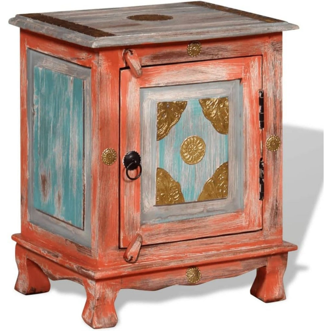 Der Nachttisch misst 40 x 30 x 50 cm in Naturbraun und Orange