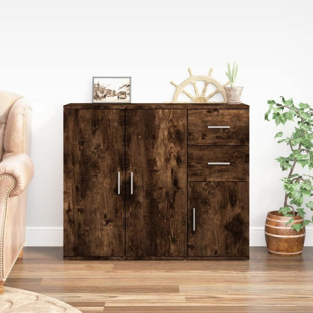 Das Sideboard misst 91 x 29.5 x 75 cm in Eichenbraun