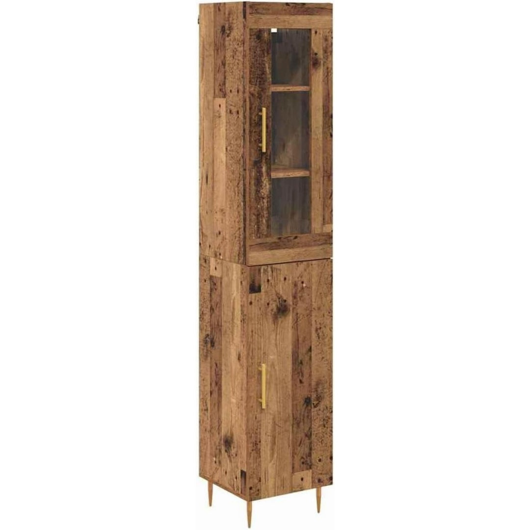 Hochschrank aus Holzwerkstoff und Metall mit Metallgriffen